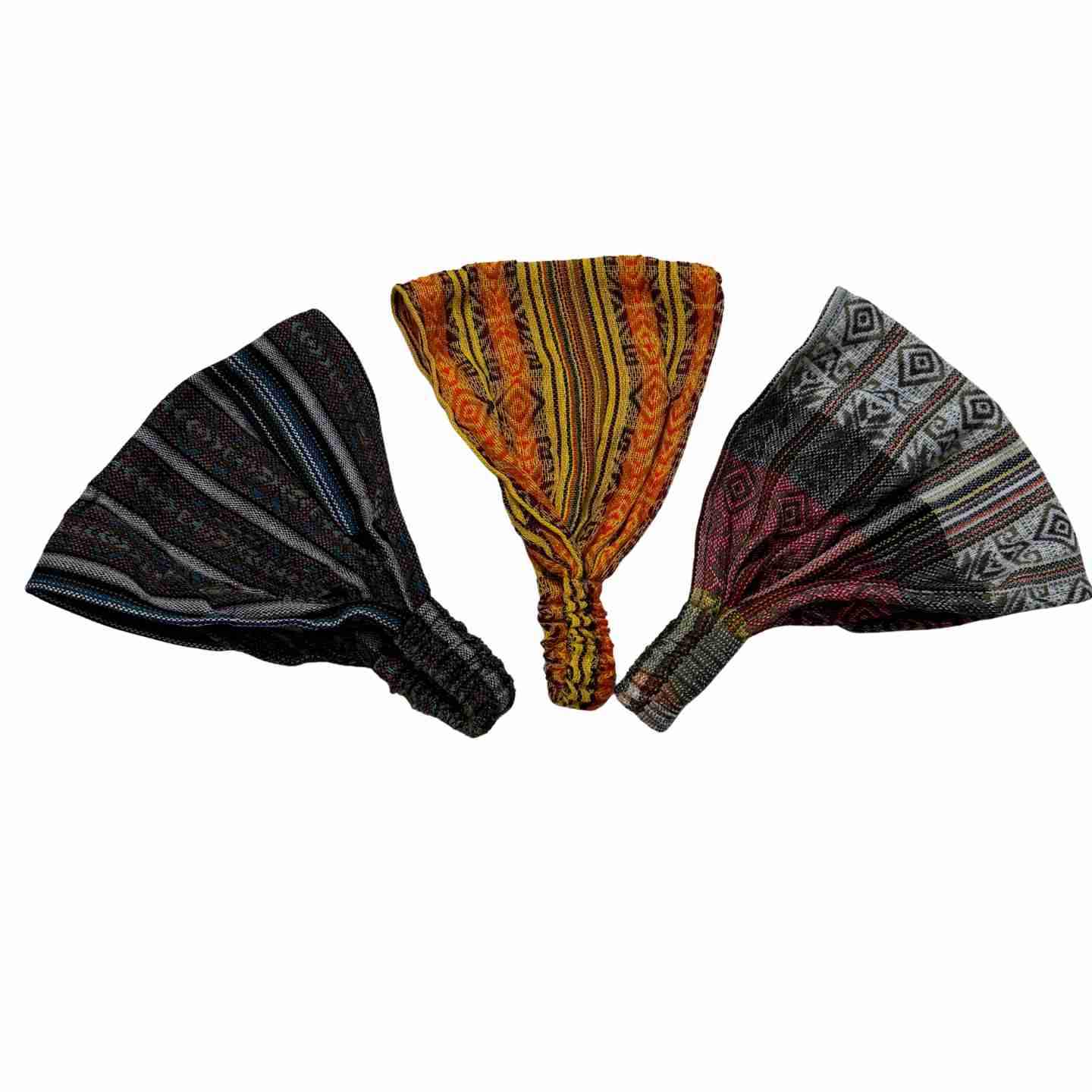 Three patterned headbands on a white background