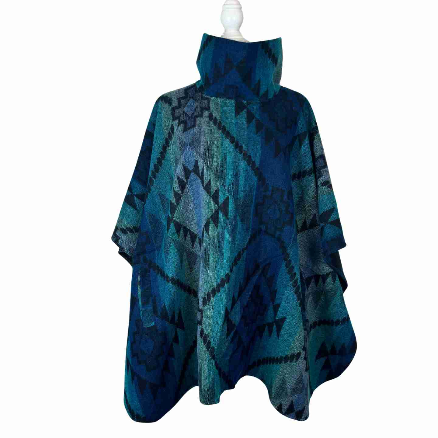 Shades of Blue Turtleneck Warm Poncho Cape with Two Pockets