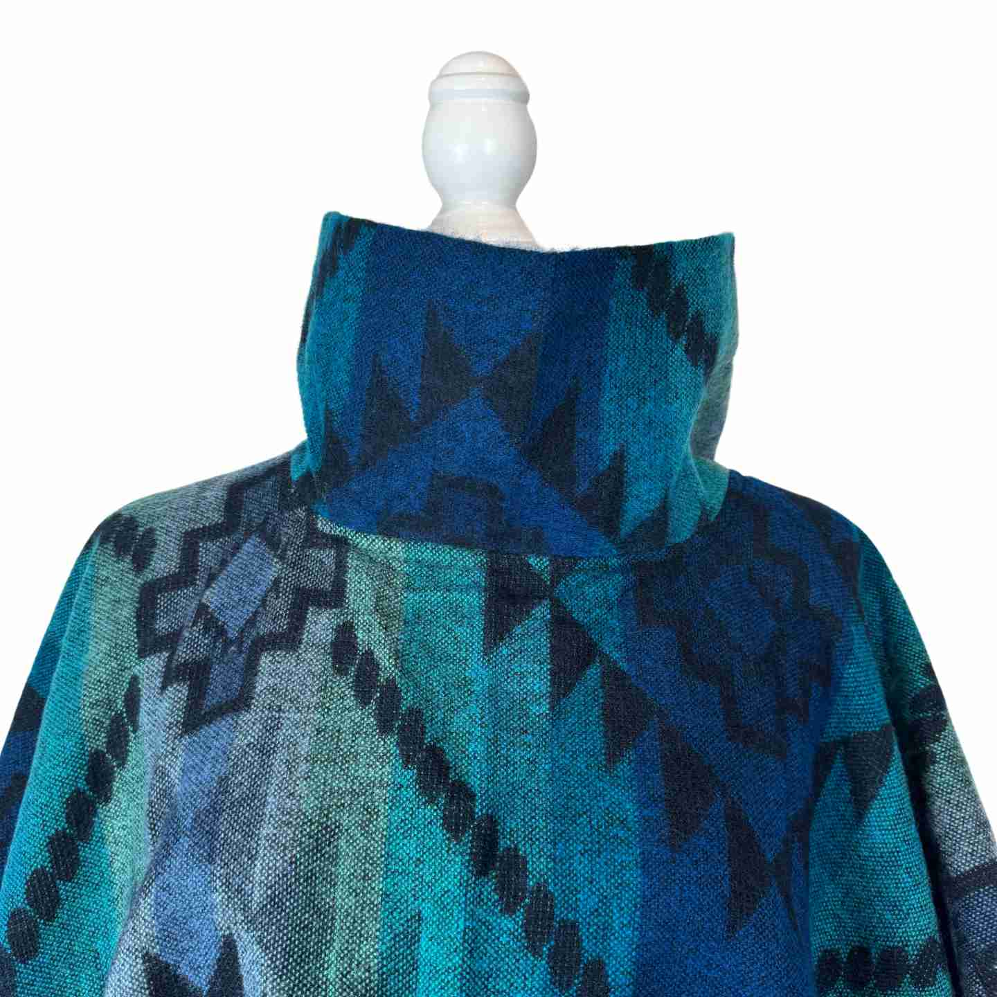 Shades of Blue Turtleneck Warm Poncho Cape with Two Pockets