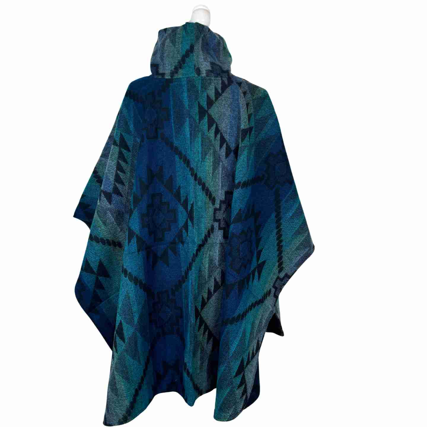 Shades of Blue Turtleneck Warm Poncho Cape with Two Pockets