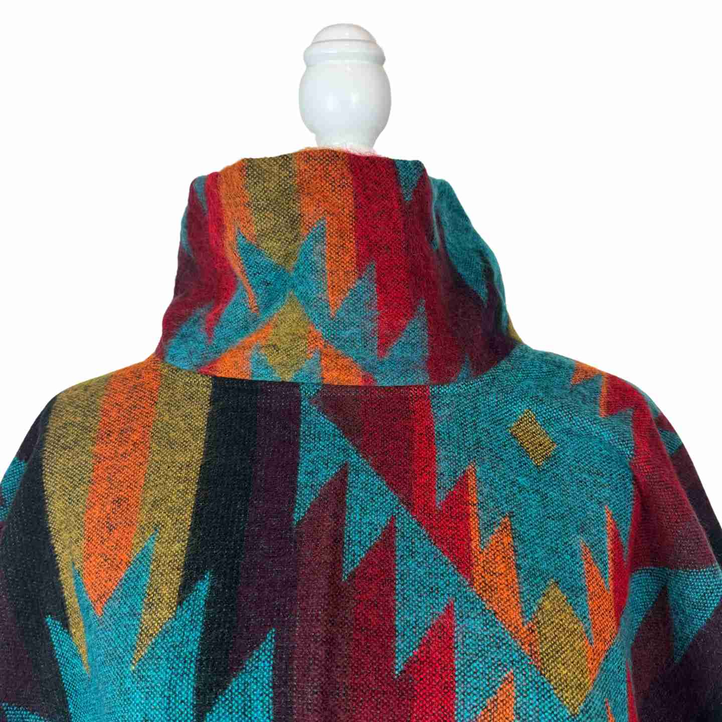 Teal Orange Red Turtleneck Warm Poncho Cape with Two Pockets