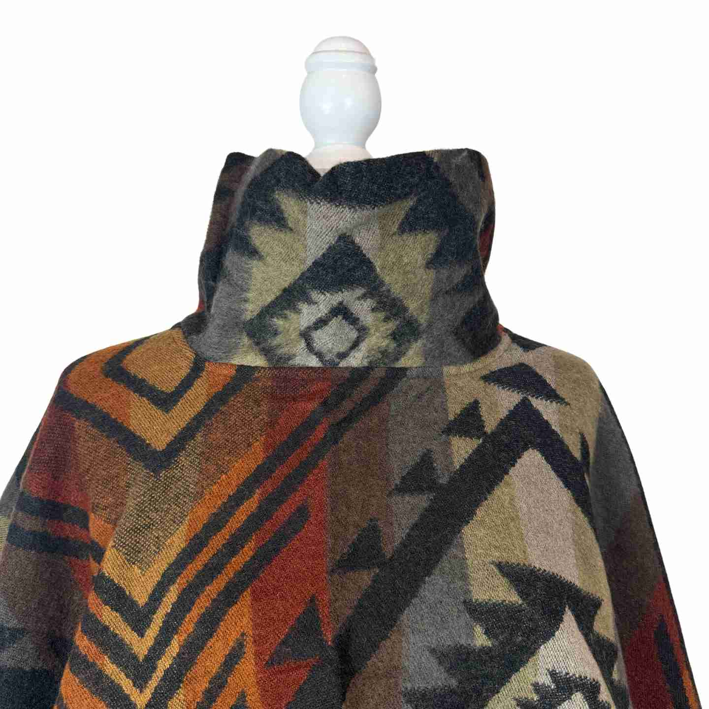 Cocoa Hazelnut Orange Turtleneck Warm Poncho Cape with Two Pockets