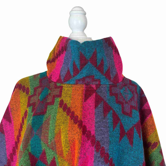 Vibrant Rainbow Turtleneck Warm Poncho Cape with Two Pockets