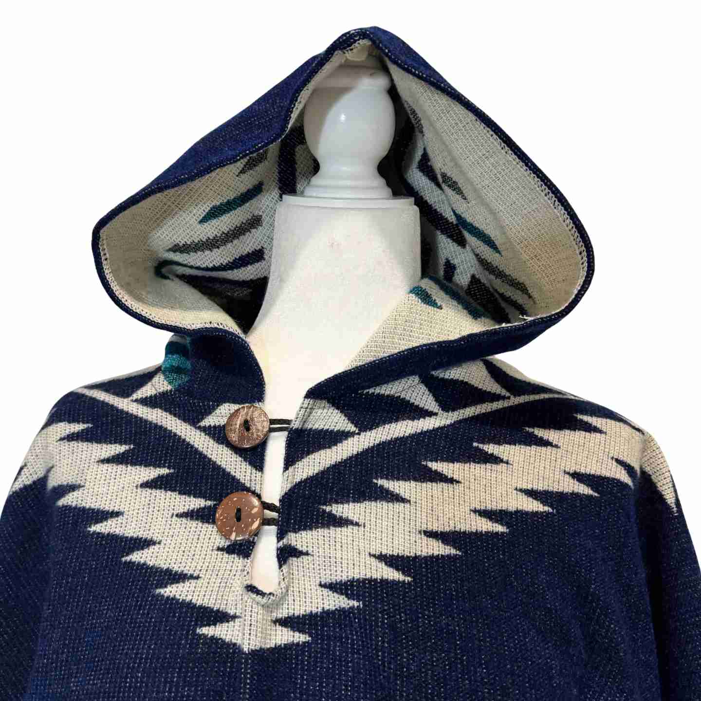 Unisex Hooded Bison Skull Poncho - Navy Woven Dreamcatcher Cape