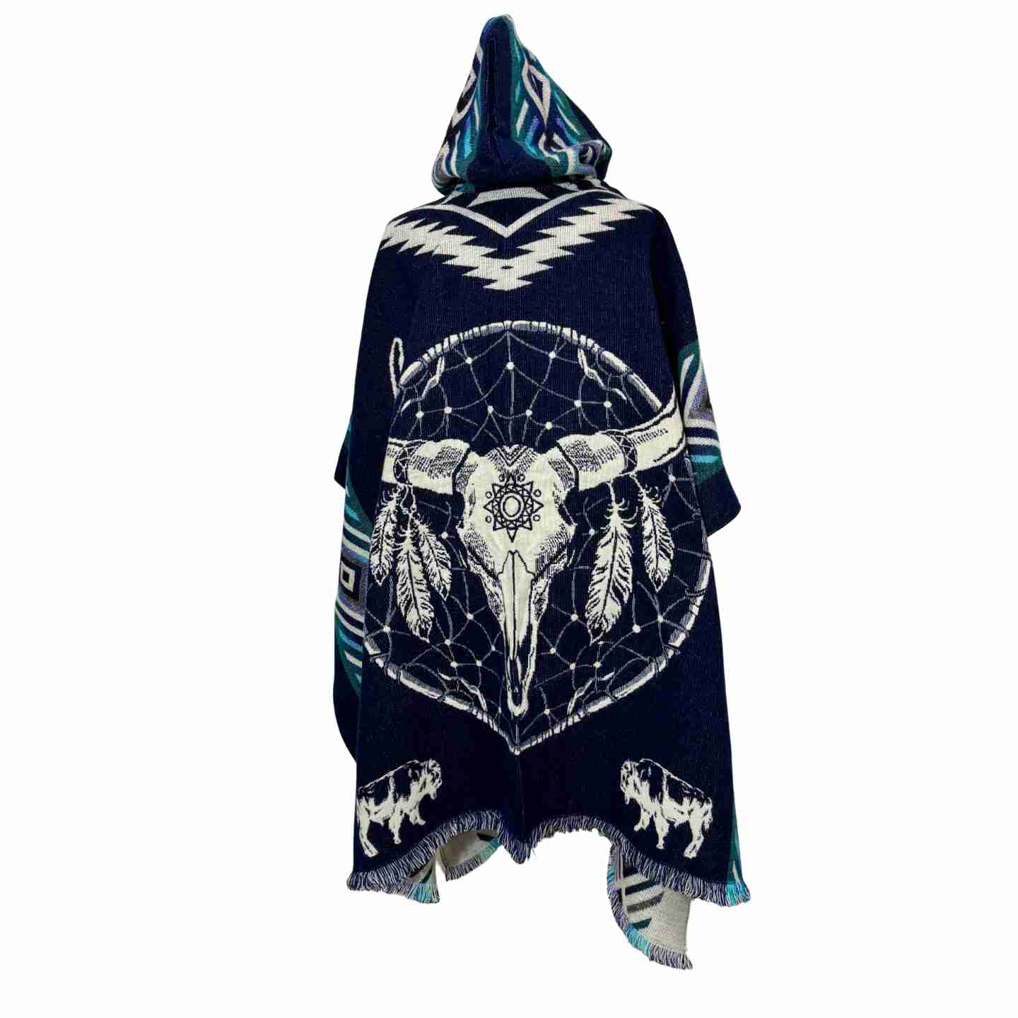 Unisex Hooded Bison Skull Poncho - Navy Woven Dreamcatcher Cape