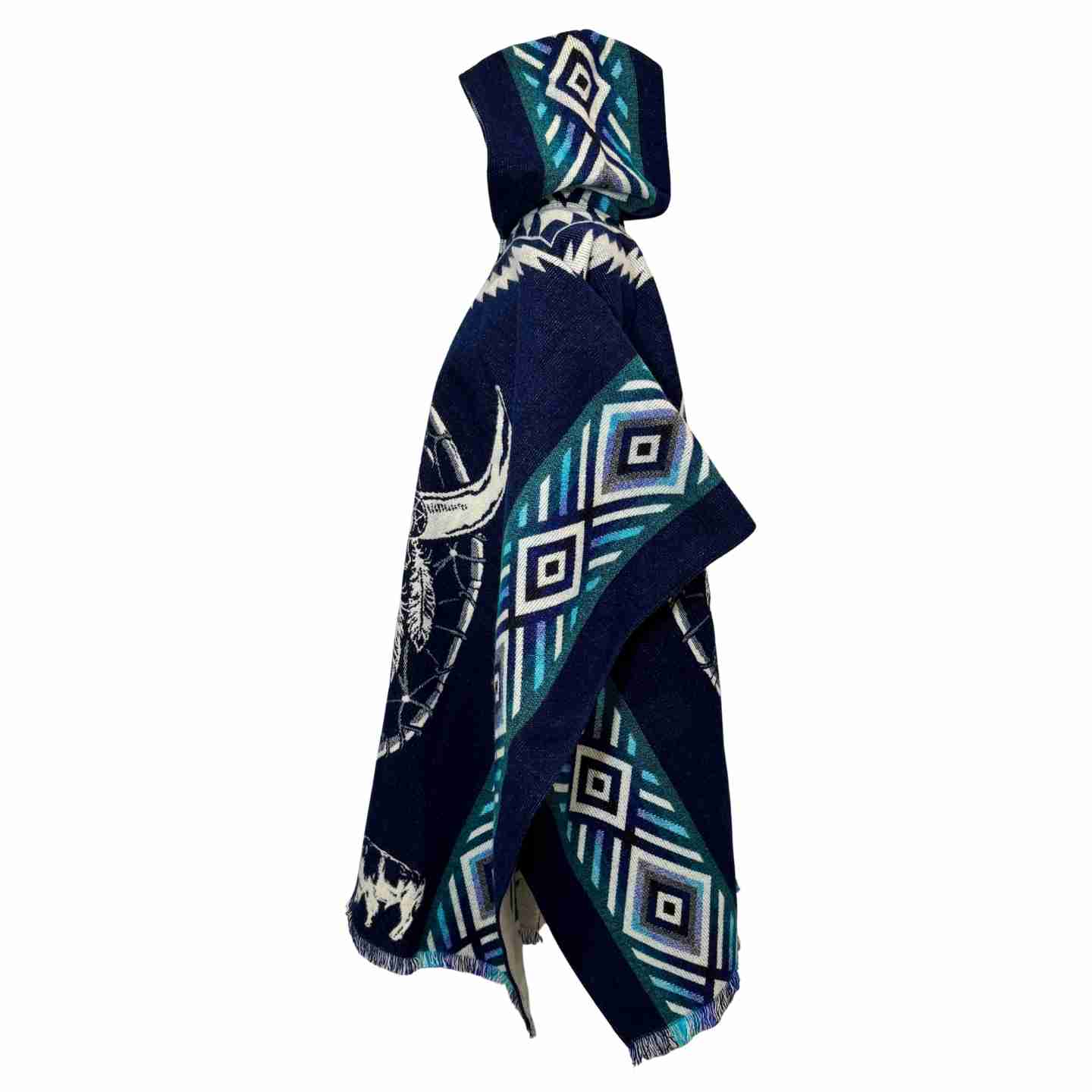 Unisex Hooded Bison Skull Poncho - Navy Woven Dreamcatcher Cape
