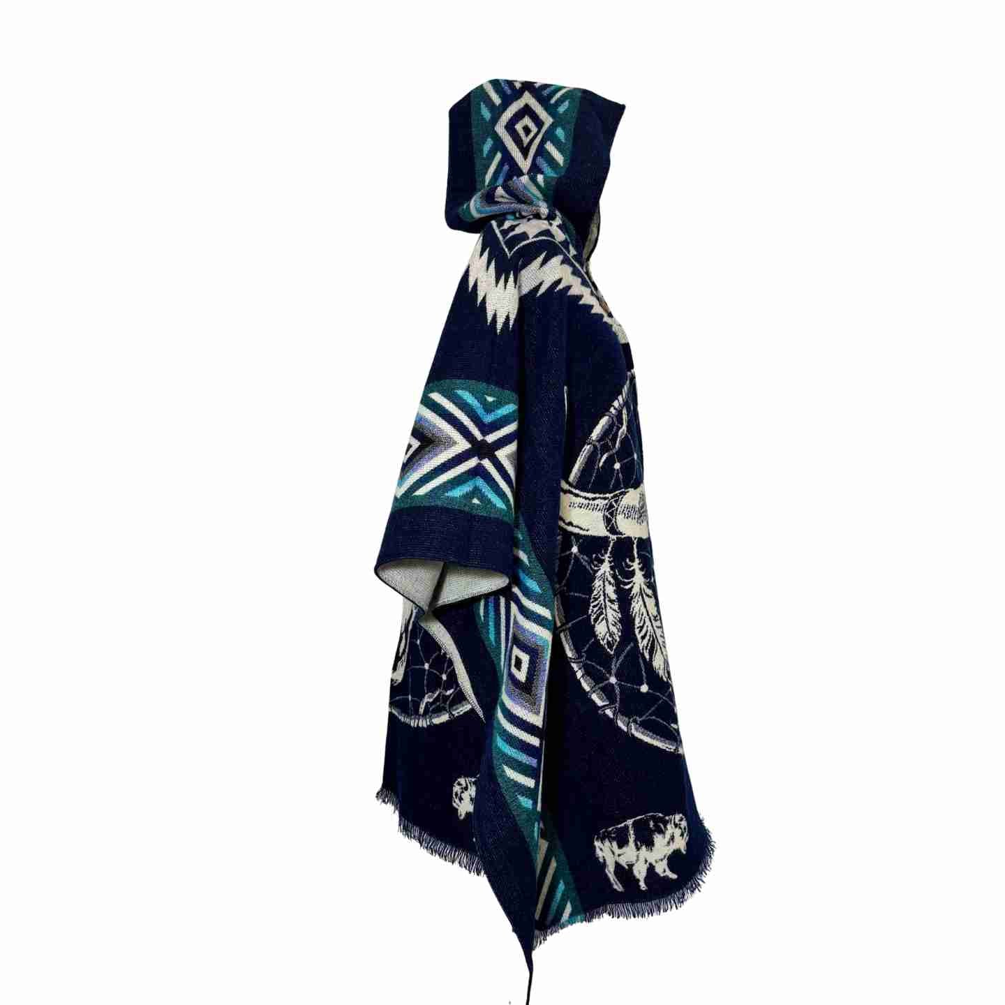 Unisex Hooded Bison Skull Poncho - Navy Woven Dreamcatcher Cape