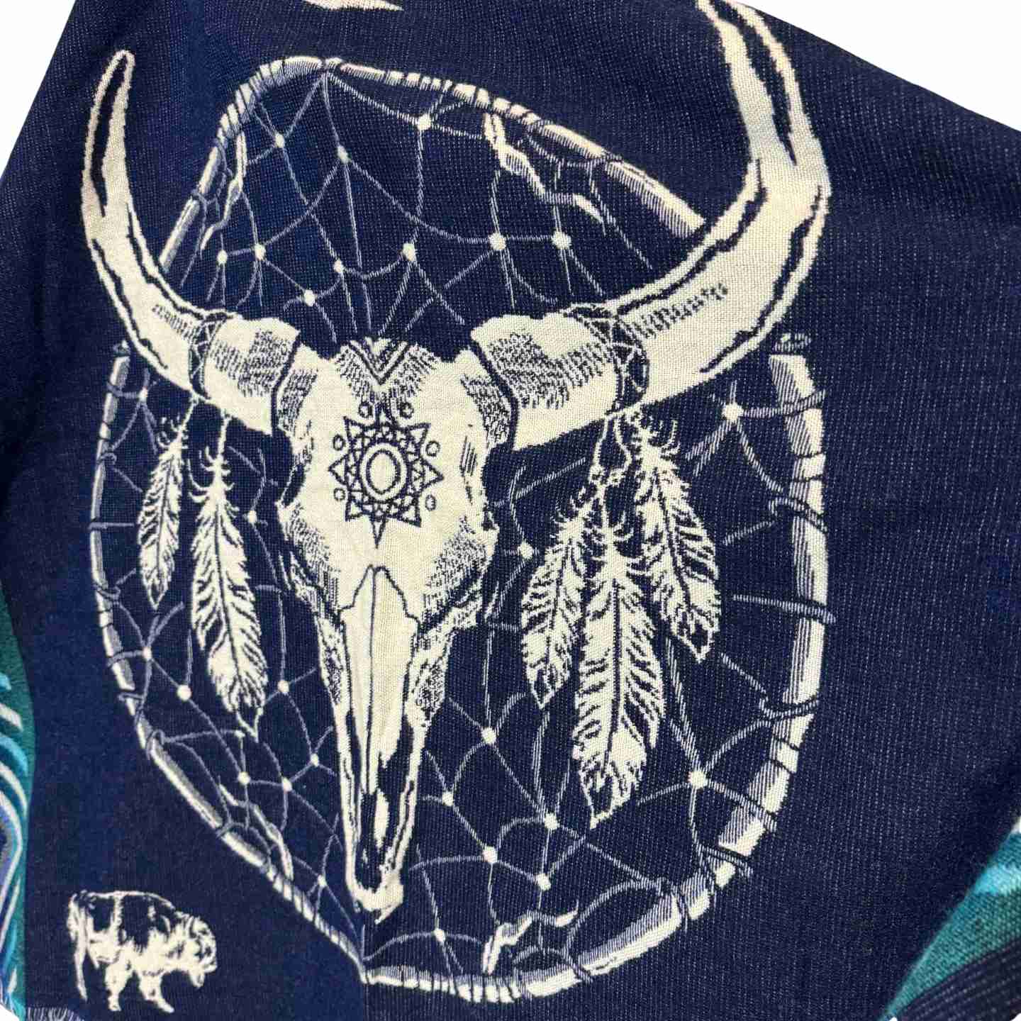 Unisex Hooded Bison Skull Poncho - Navy Woven Dreamcatcher Cape