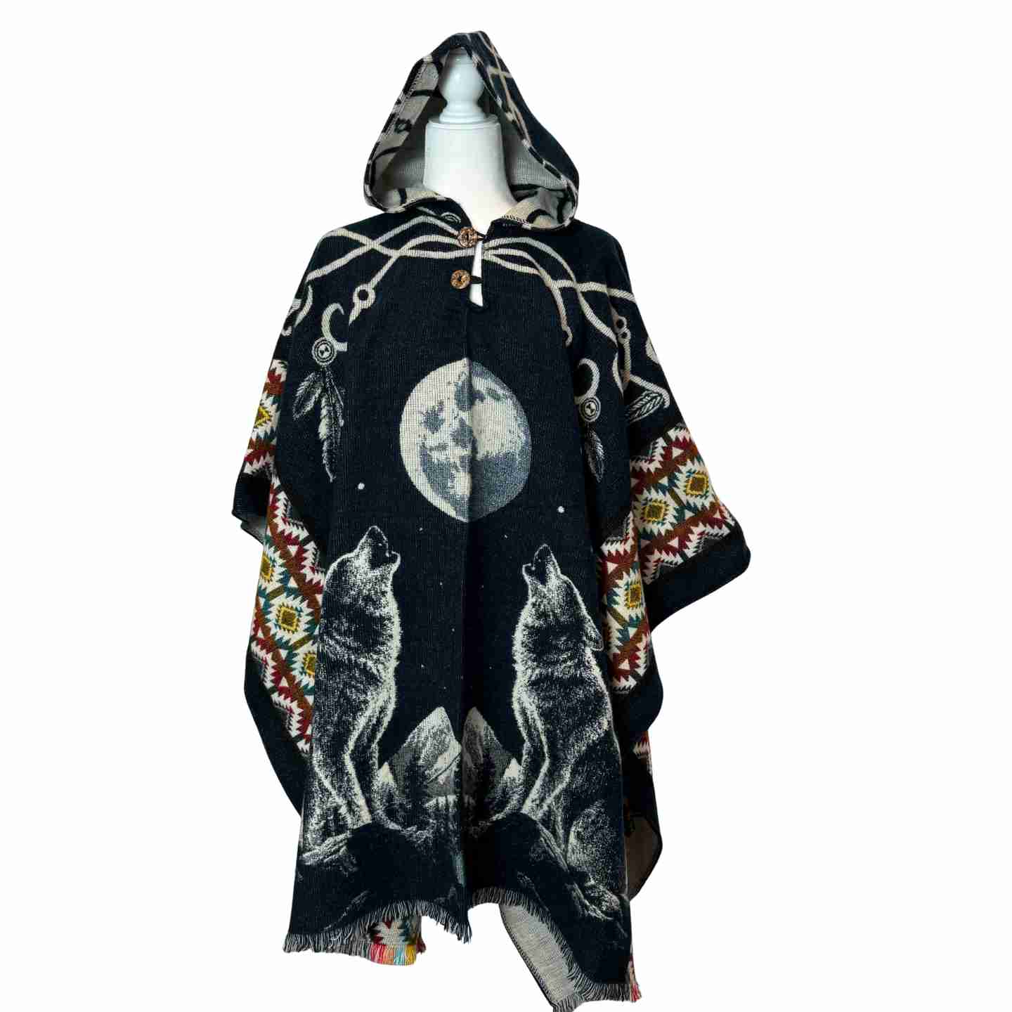 Unisex Alpaca Hooded Poncho Cape with Moon and Spirit Wolf Designs