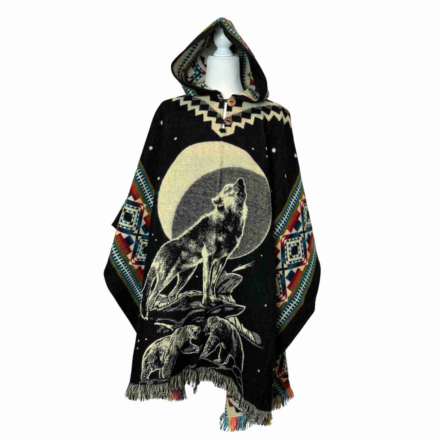 Unisex Alpaca Hooded Poncho Cape with Moon and Spirit Wolf Designs