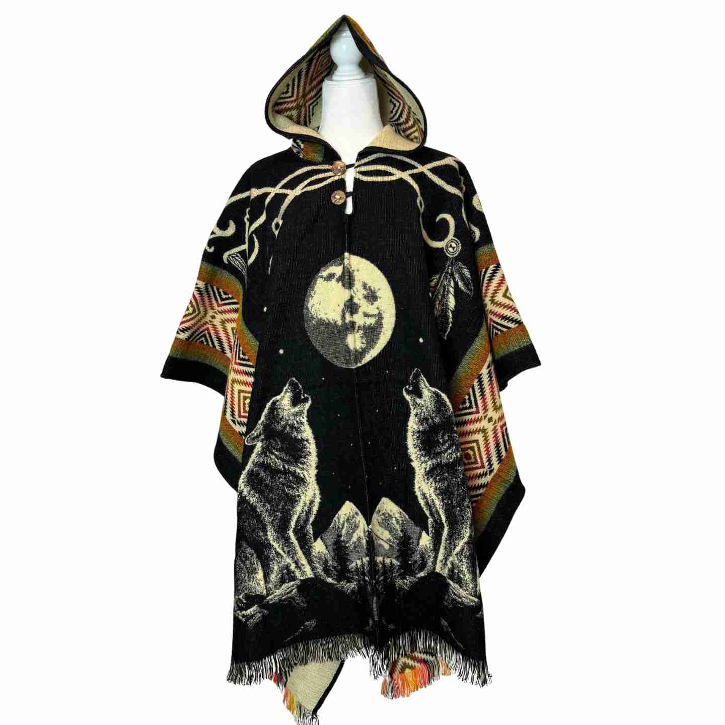 Unisex Alpaca Hooded Poncho Cape with Moon and Spirit Wolf Designs