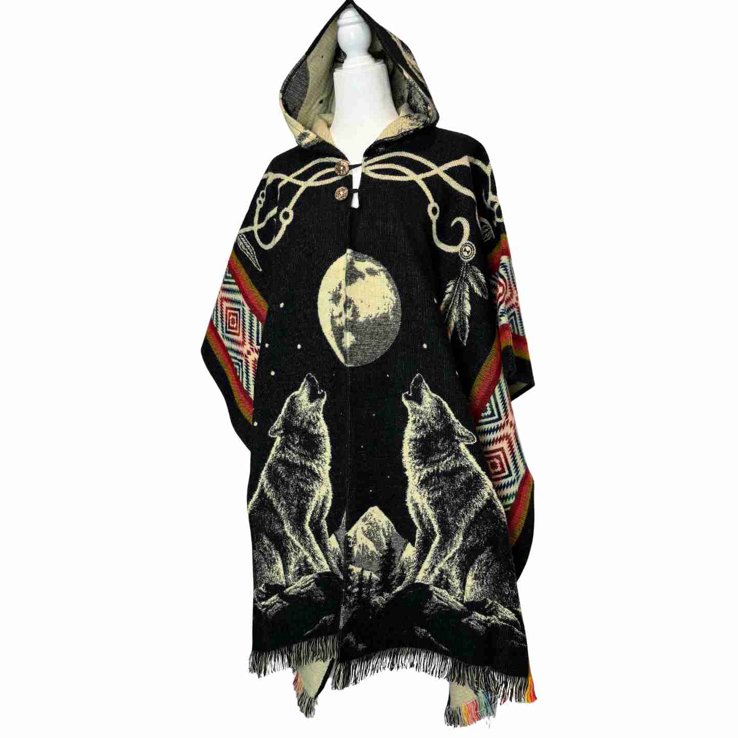 Unisex Alpaca Hooded Poncho Cape with Moon and Spirit Wolf Designs