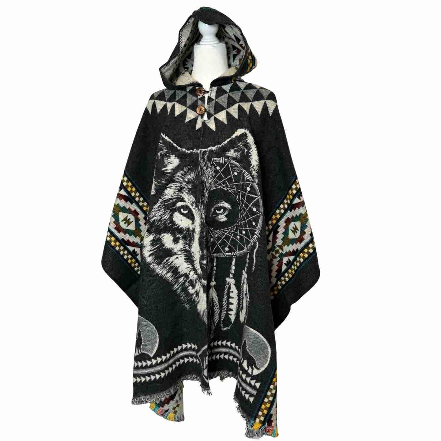 Unisex Alpaca Hooded Poncho Cape with Moon and Spirit Wolf Designs