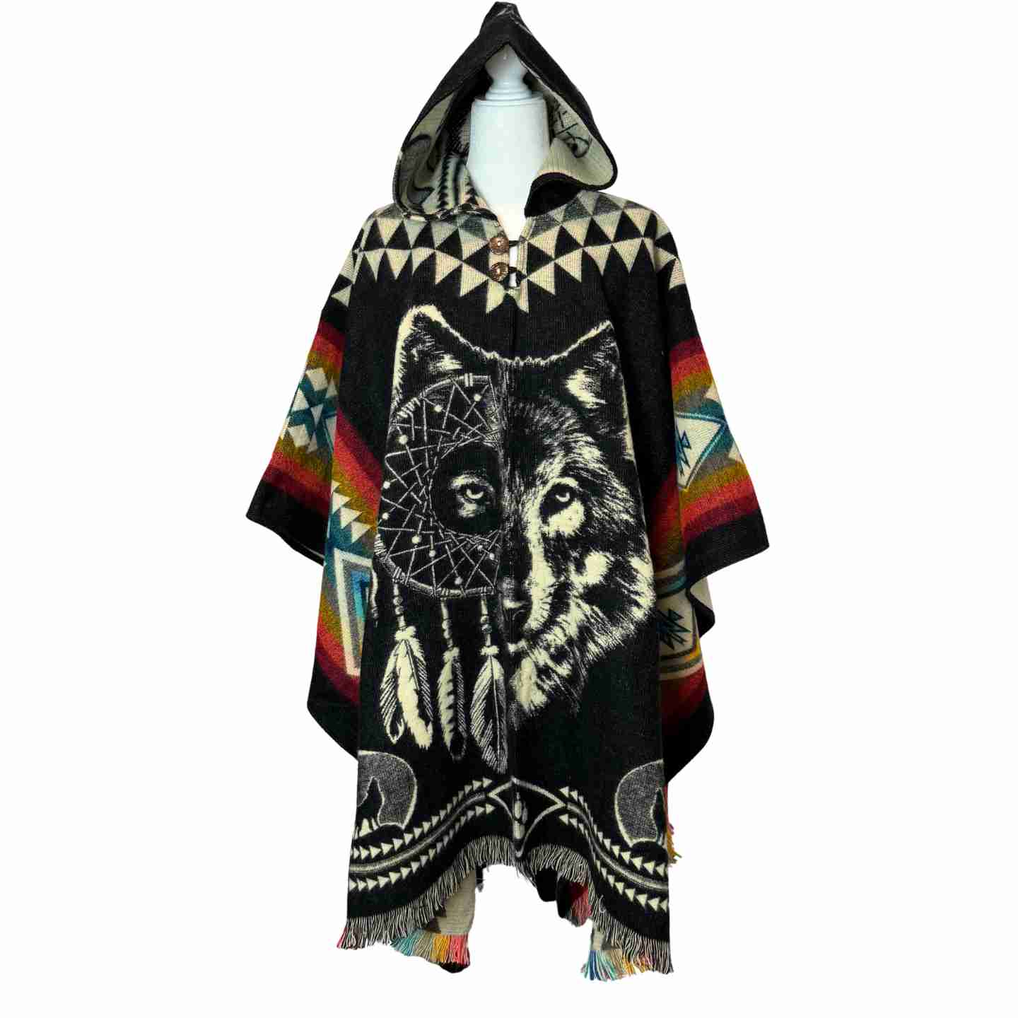 Unisex Alpaca Hooded Poncho Cape with Moon and Spirit Wolf Designs