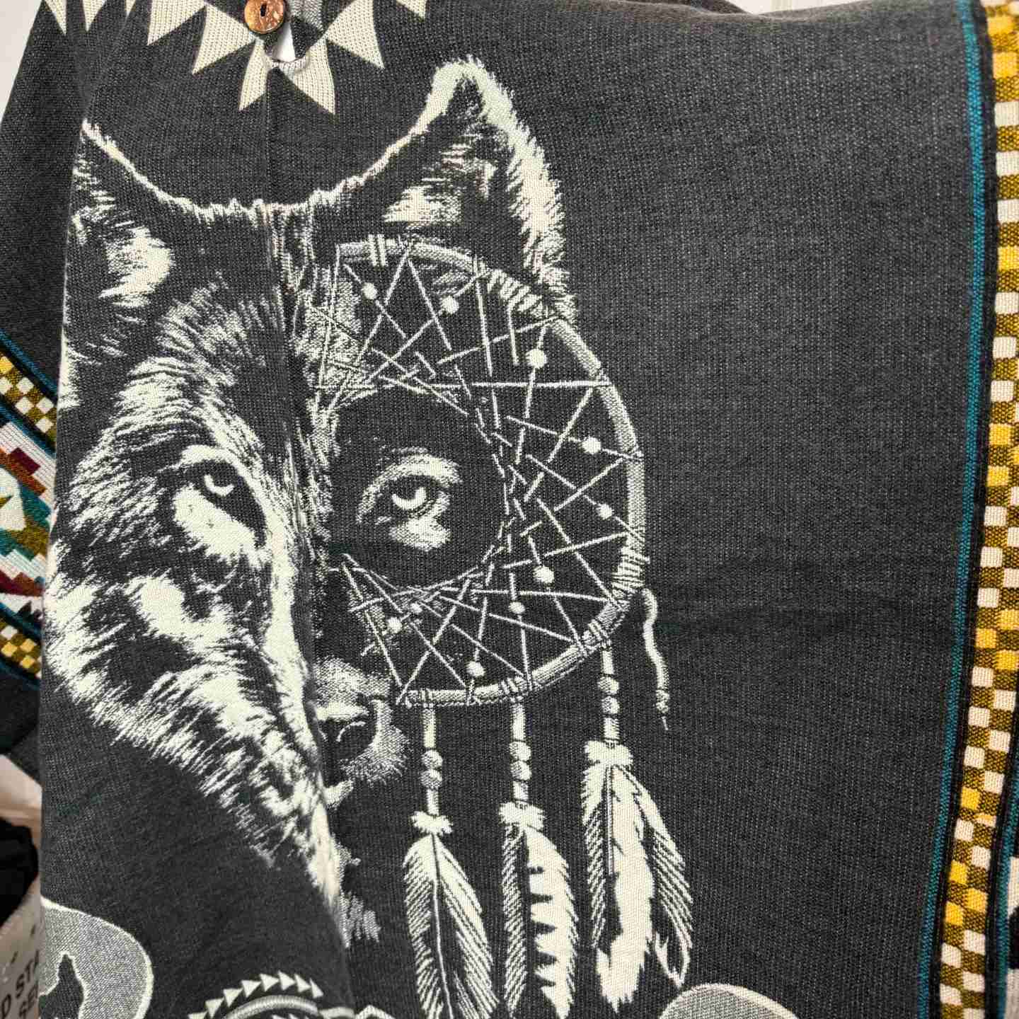 Unisex Alpaca Hooded Poncho Cape with Moon and Spirit Wolf Designs