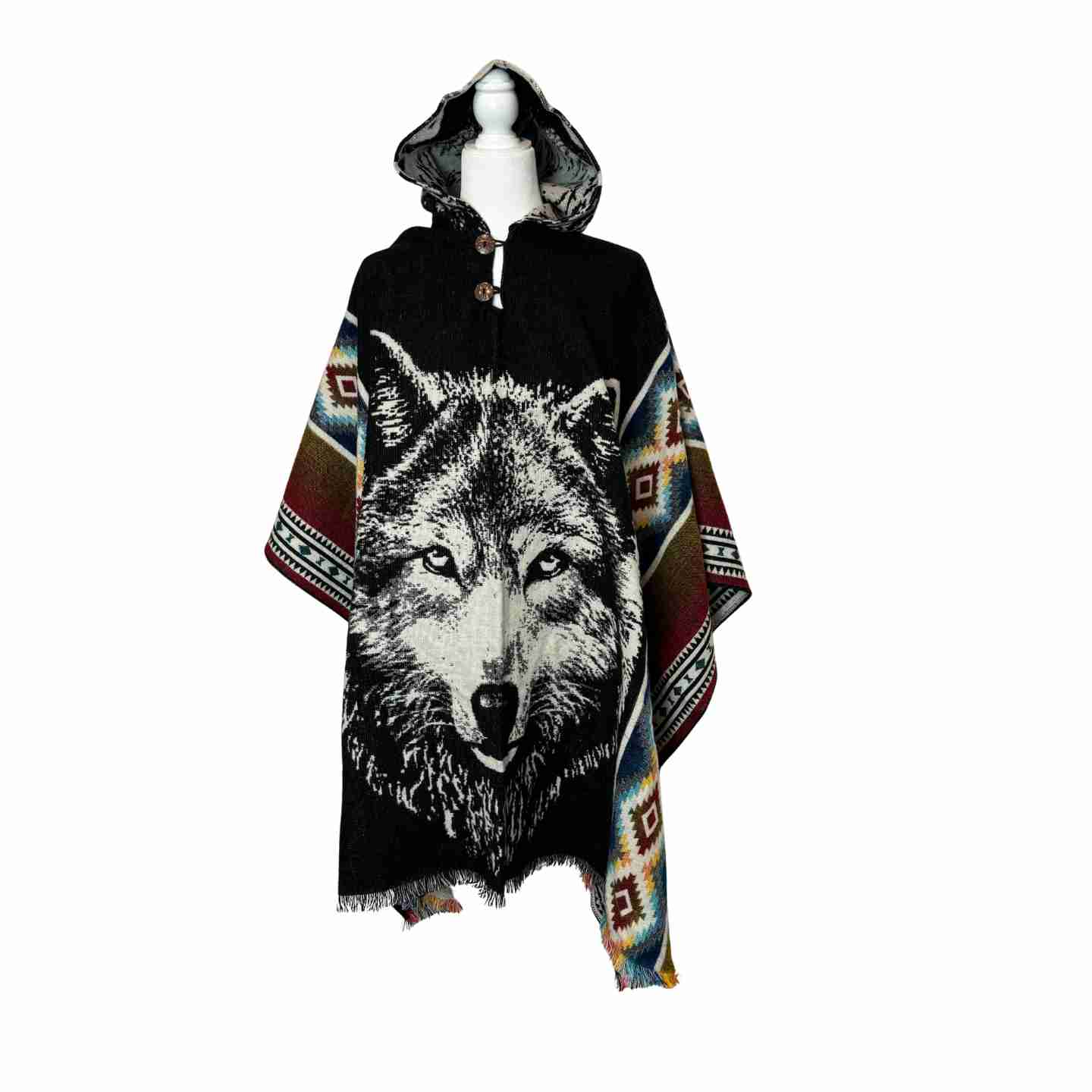 Unisex Alpaca Hooded Poncho Cape with Moon and Spirit Wolf Designs