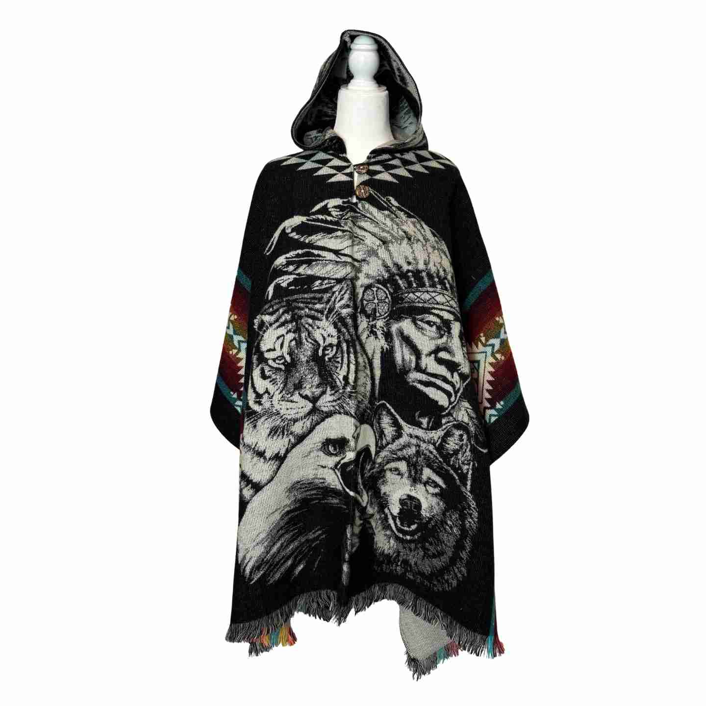 Unisex Alpaca Hooded Poncho Cape with Moon and Spirit Wolf Designs