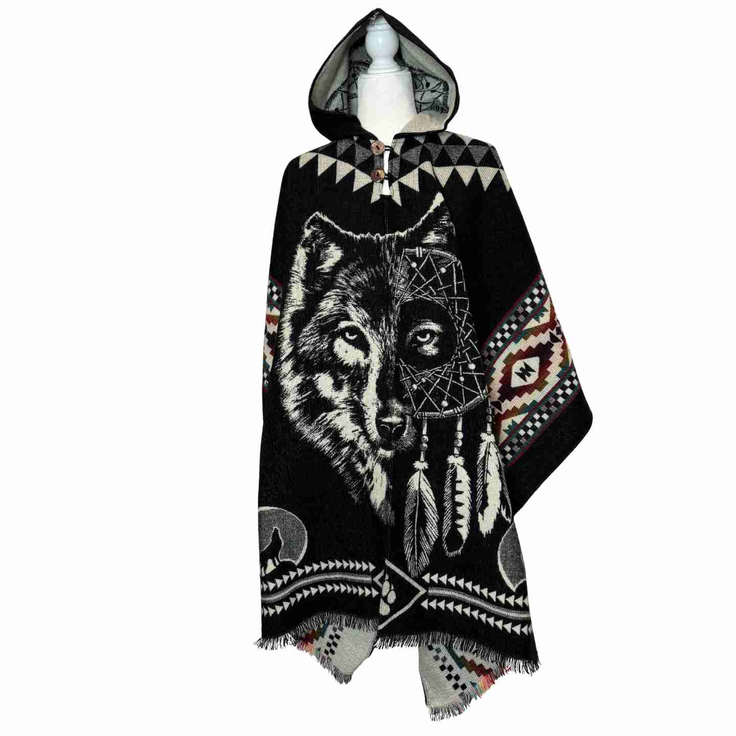 Unisex Alpaca Hooded Poncho Cape with Moon and Spirit Wolf Designs