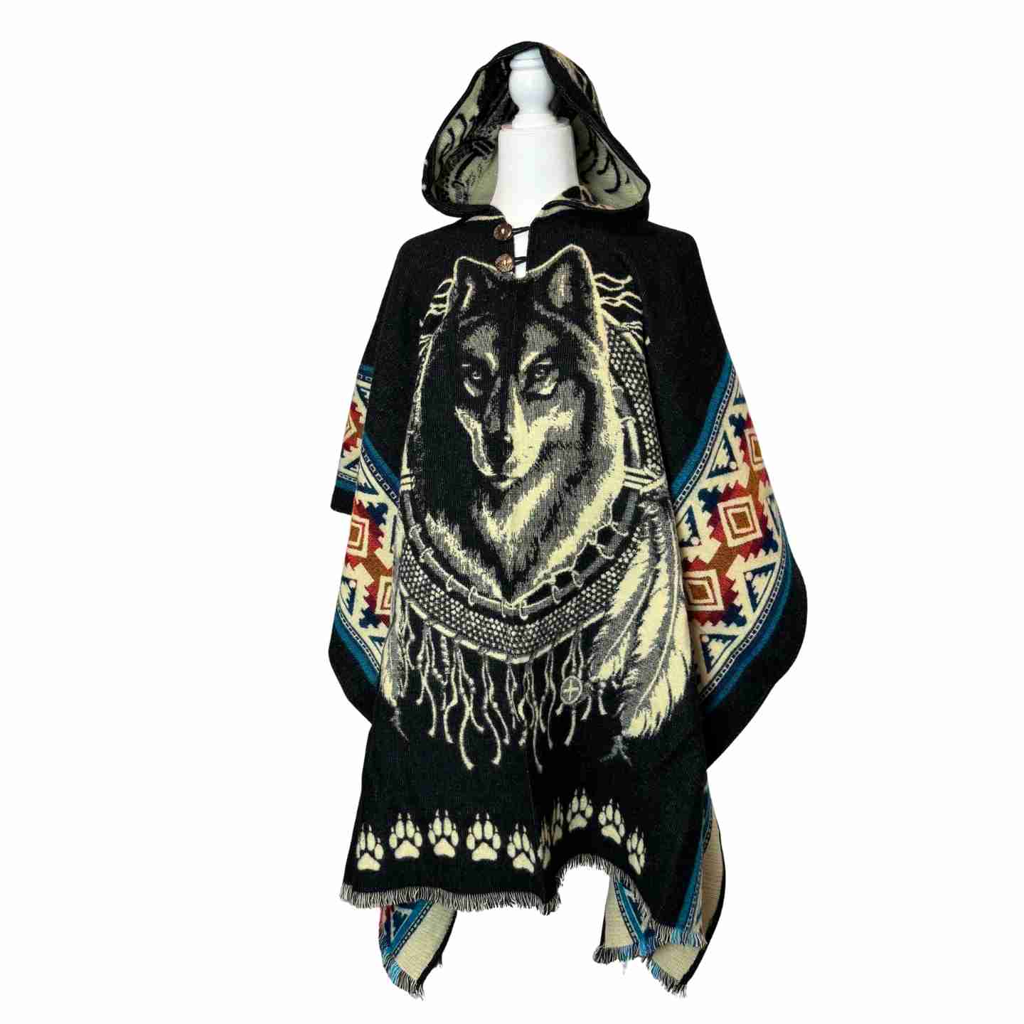 Unisex Alpaca Hooded Poncho Cape with Moon and Spirit Wolf Designs