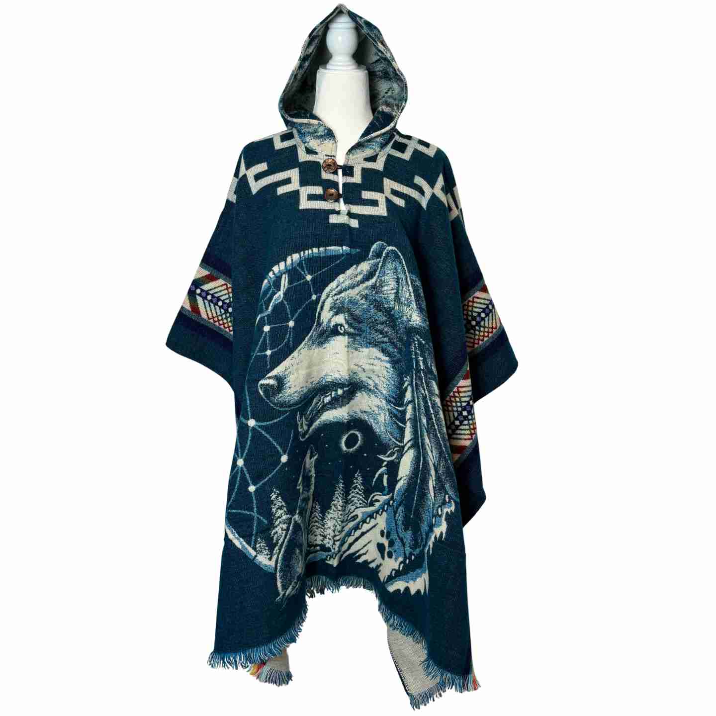 Unisex Alpaca Hooded Poncho Cape with Moon and Spirit Wolf Designs