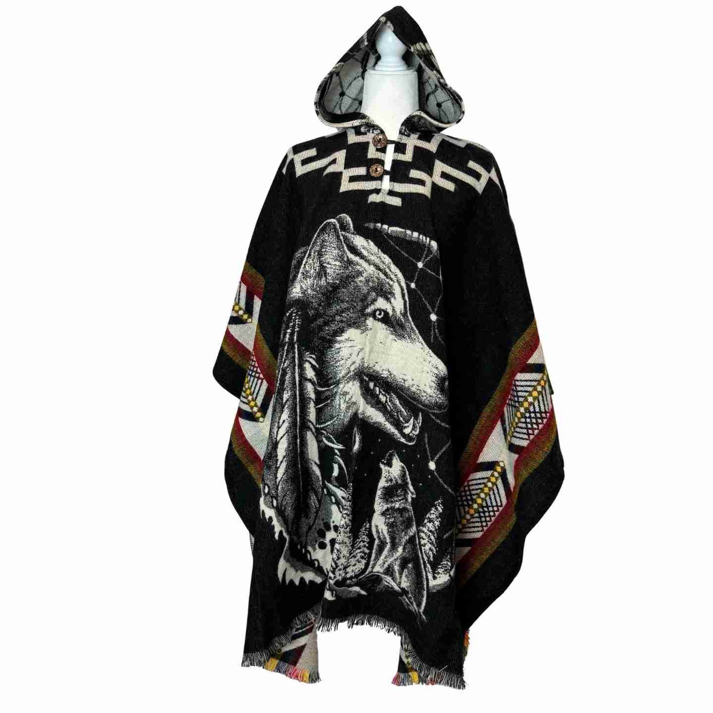 Unisex Alpaca Hooded Poncho Cape with Moon and Spirit Wolf Designs