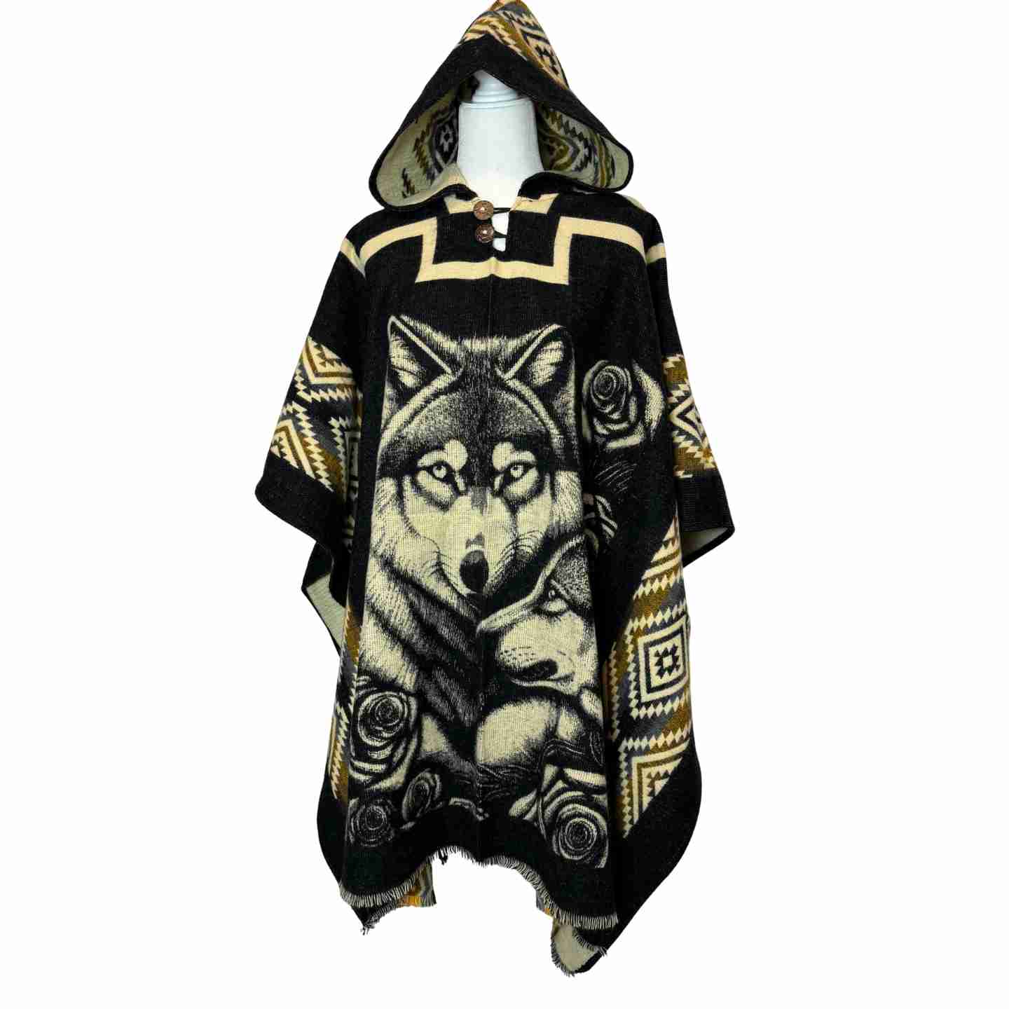 Unisex Alpaca Hooded Poncho Cape with Moon and Spirit Wolf Designs